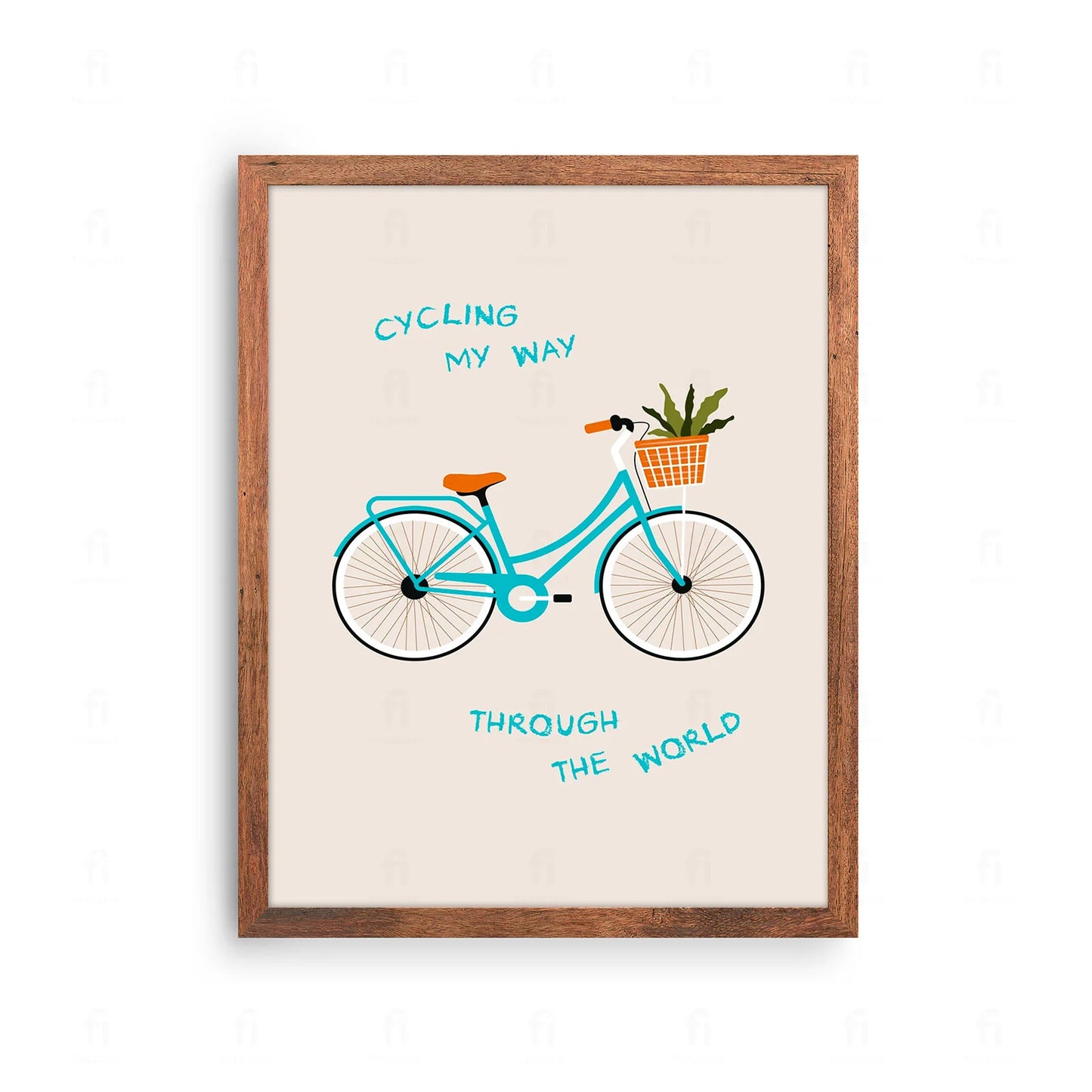 Plakat z grafiką w stylu vintage przedstawiającą rower na tle krajobrazu.
