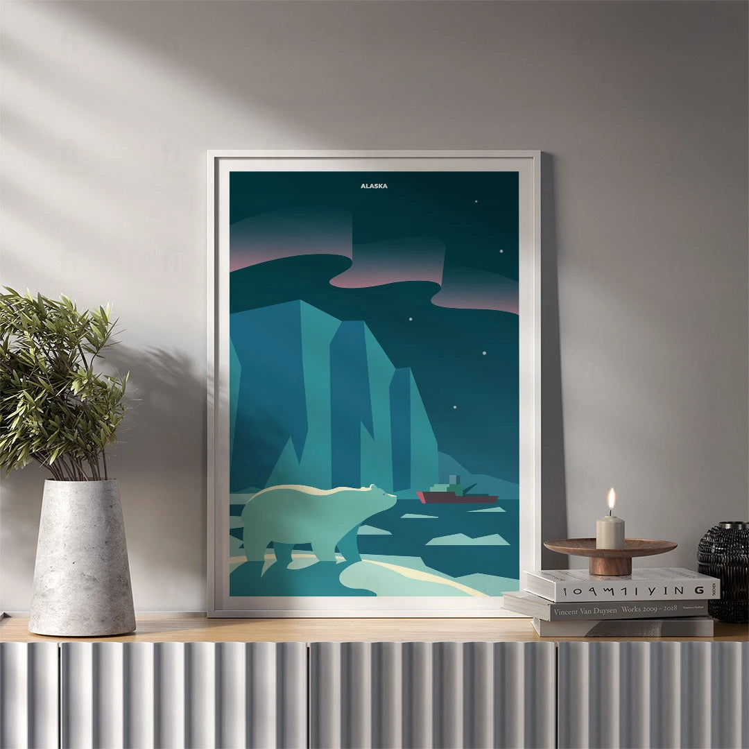 Grafika ścienna z Alaski – zorza polarna i zimowy krajobraz