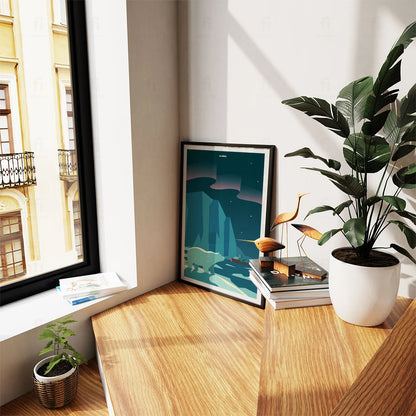 Dekoracyjny plakat przedstawiający zorzę polarną nad zimowymi górami Alaski”