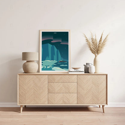 Artystyczny plakat Alaska – nocny widok zorzy polarnej nad górami