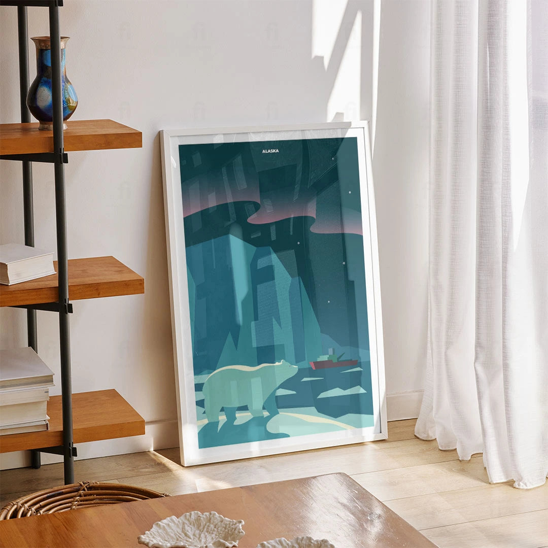 Plakat z zorzą polarną w aranżacji wnętrza nowoczesnego salonu