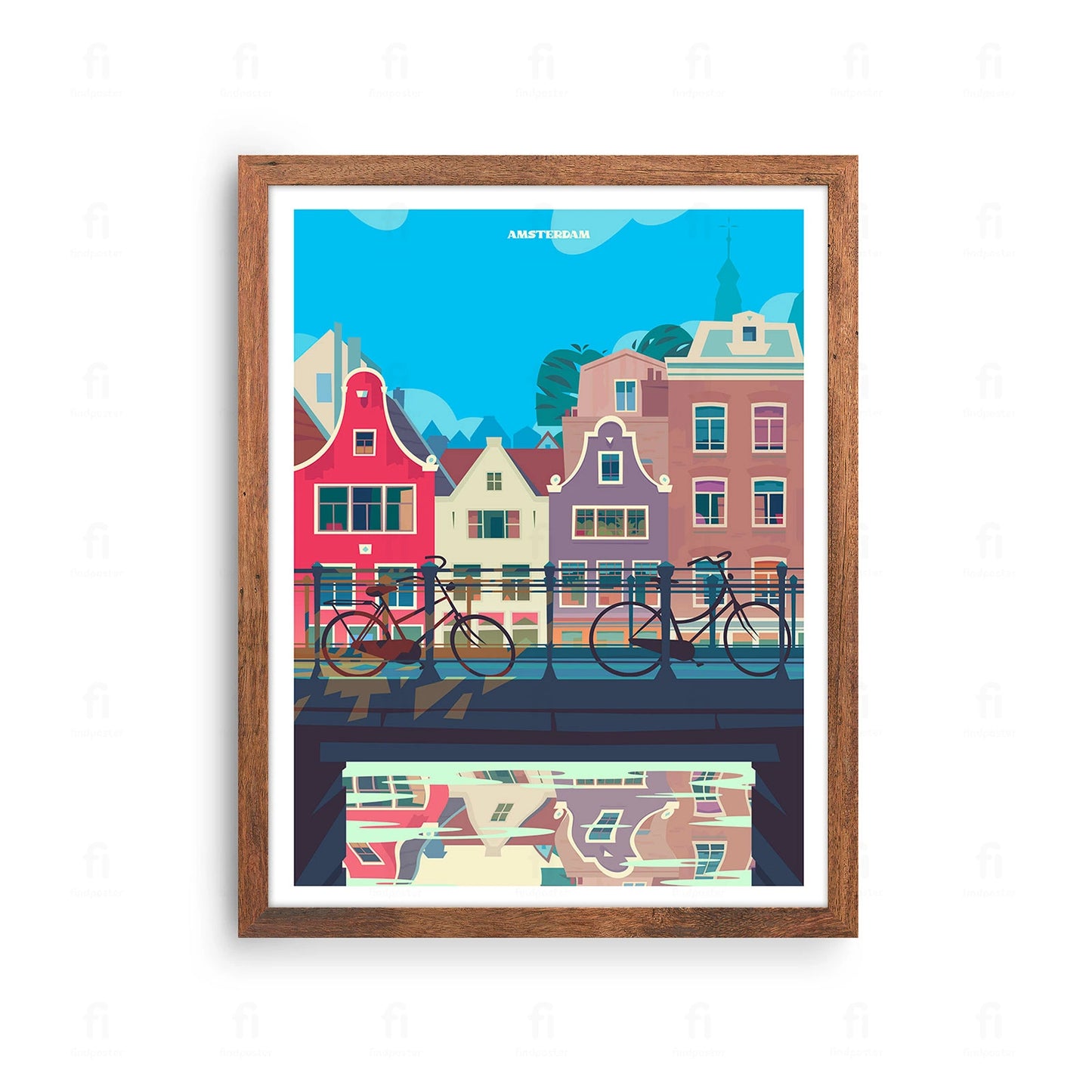 Plakat z artystyczną grafiką przedstawiającą charakterystyczne kamienice i kanał w Amsterdamie.
