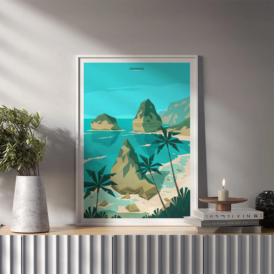 Plakat z artystyczną grafiką przedstawiającą rajską plażę Atuh 
