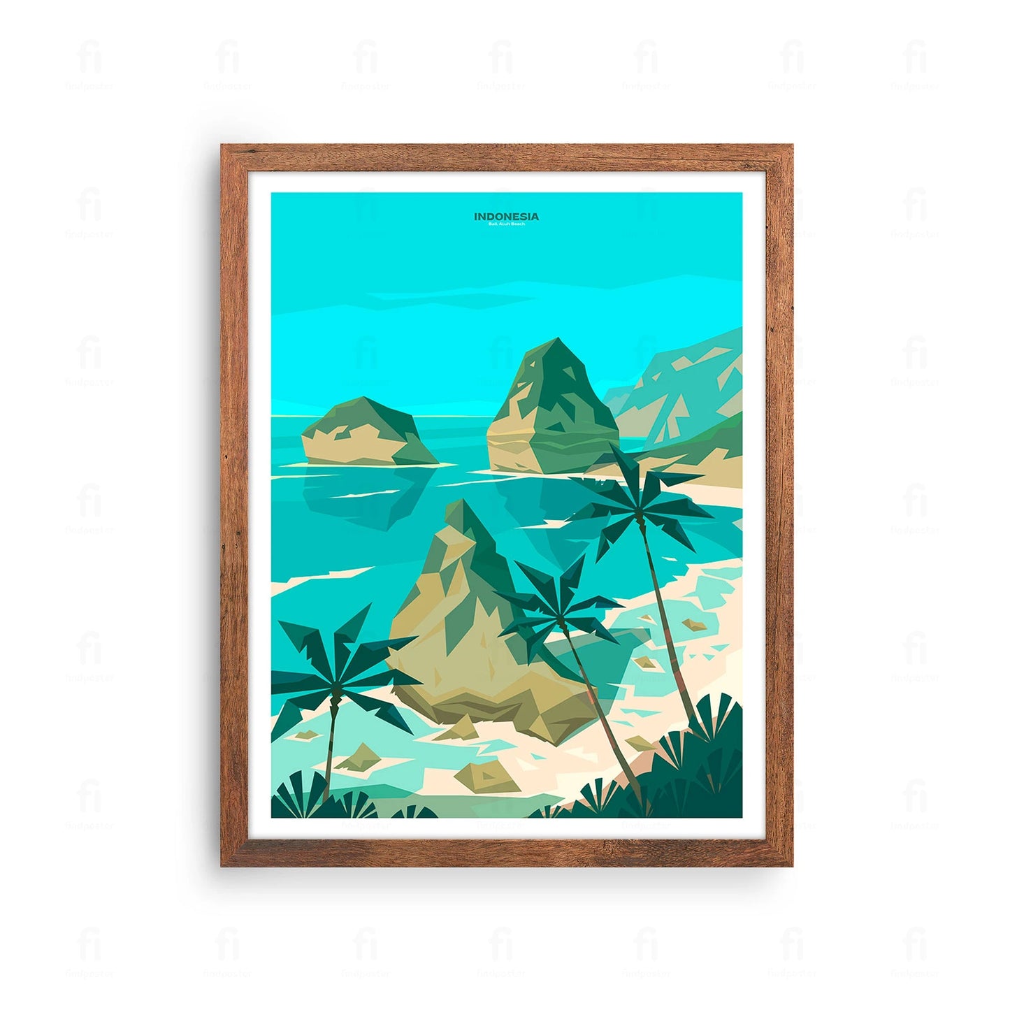 Plakat z artystyczną grafiką przedstawiającą rajską plażę Atuh na wyspie Bali w Indonezji.