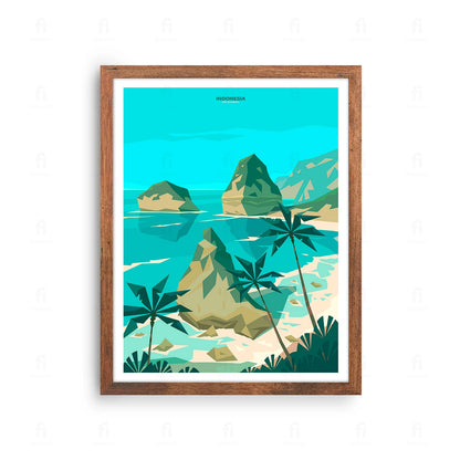 Plakat z artystyczną grafiką przedstawiającą rajską plażę Atuh na wyspie Bali w Indonezji.