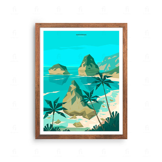 Plakat z artystyczną grafiką przedstawiającą rajską plażę Atuh na wyspie Bali w Indonezji.