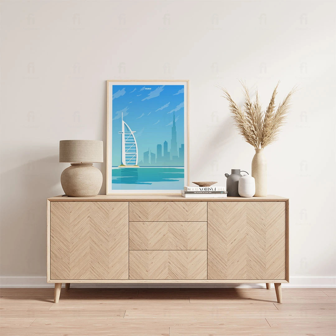 Plakat "Dubaj, ZEA" – nowoczesna grafika podróżnicza w eleganckim salonie.