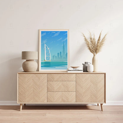 Plakat "Dubaj, ZEA" – nowoczesna grafika podróżnicza w eleganckim salonie.