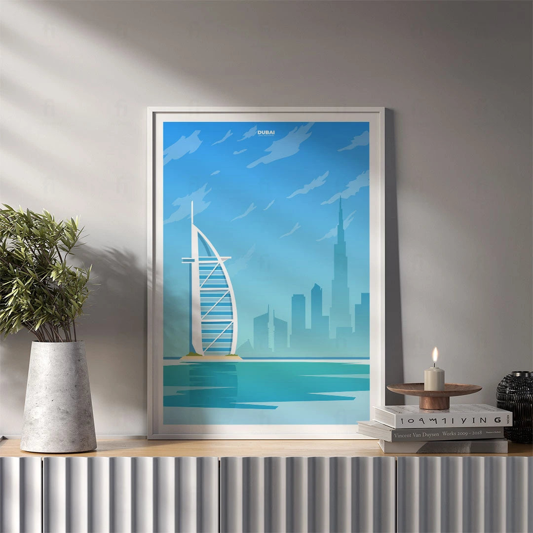 Plakat z Dubaju wiszący w nowoczesnym salonie