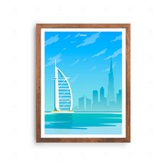  Plakat z nowoczesną grafiką podróżniczą przedstawiającą wieżowiec Burdż al-Arab w Dubaju.