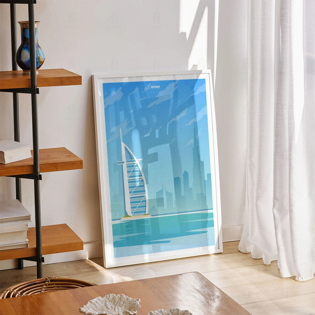 Plakat "Dubaj, ZEA" – dekoracyjna grafika ścienna w sypialni.