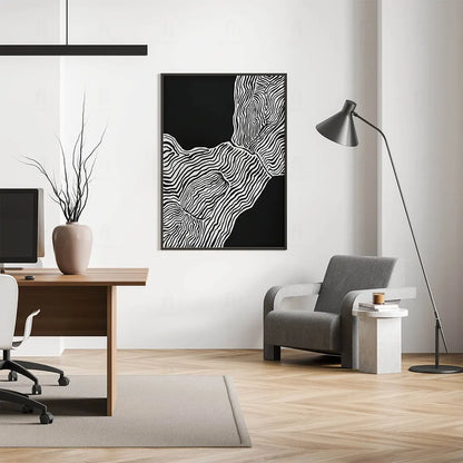 Abstrakcyjna grafika z białymi, organicznymi liniami na czarnym tle, przypominająca słoje drewna