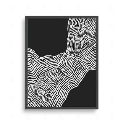 Abstrakcyjna grafika z białymi, organicznymi liniami na czarnym tle, przypominająca słoje drewna