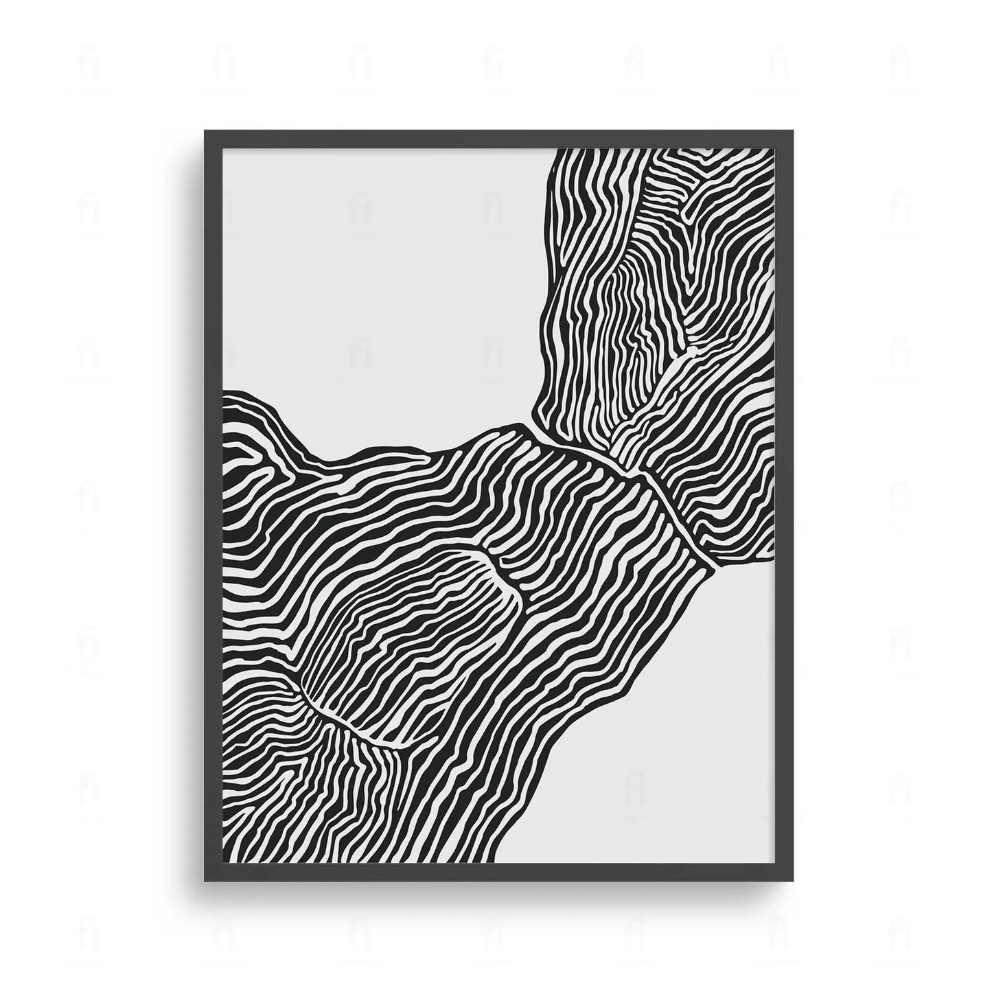 Abstrakcyjna grafika z czarnymi, organicznymi liniami na białym tle, przypominająca mapę topograficzną.