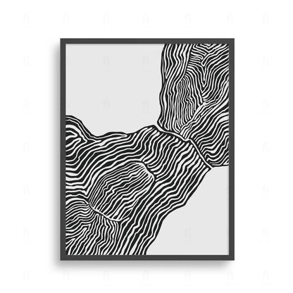 Abstrakcyjna grafika z czarnymi, organicznymi liniami na białym tle, przypominająca mapę topograficzną.