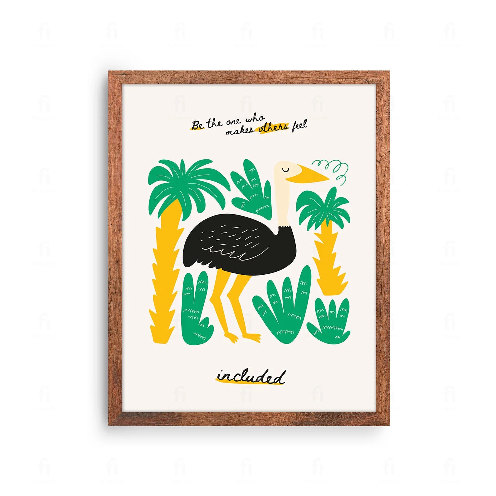 Plakat z artystyczną grafiką przedstawiającą strusia i inspirujący napis.
