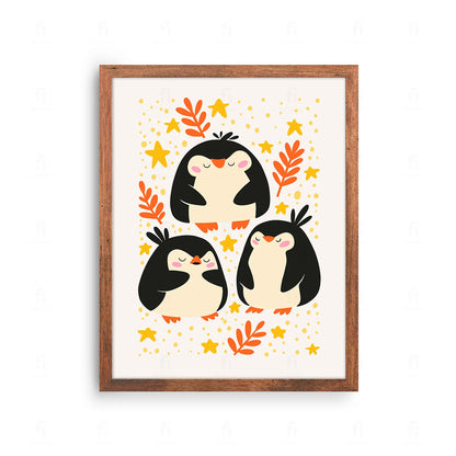Plakat z uroczą grafiką przedstawiającą dwa wesołe pingwiny.
