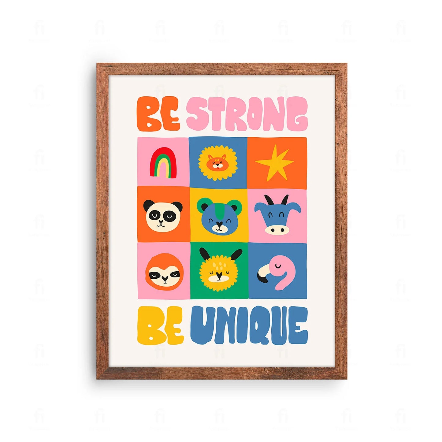 Plakat z inspirującą, kolorową grafiką z napisem "Bądź Silny, Bądź Unikalny".
