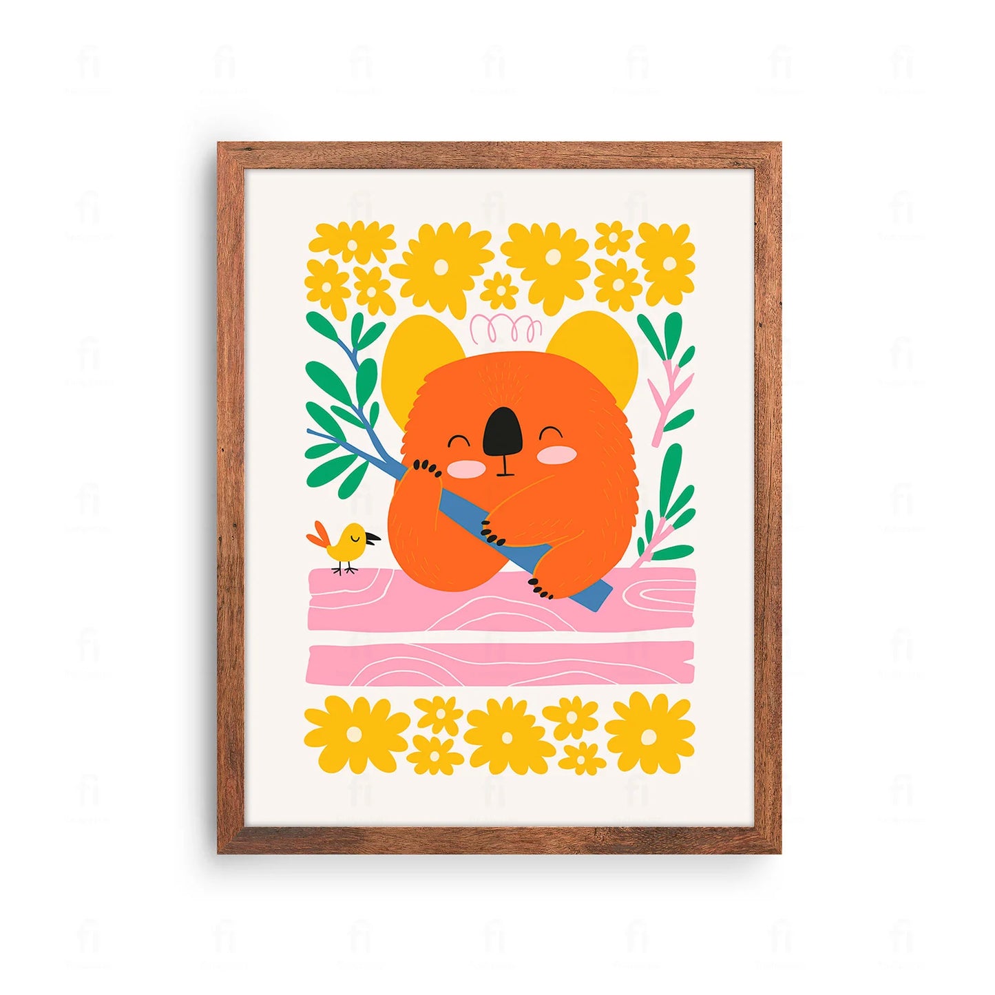 Plakat z uroczą grafiką przedstawiającą misia koala z wiankiem z kwiatów.
