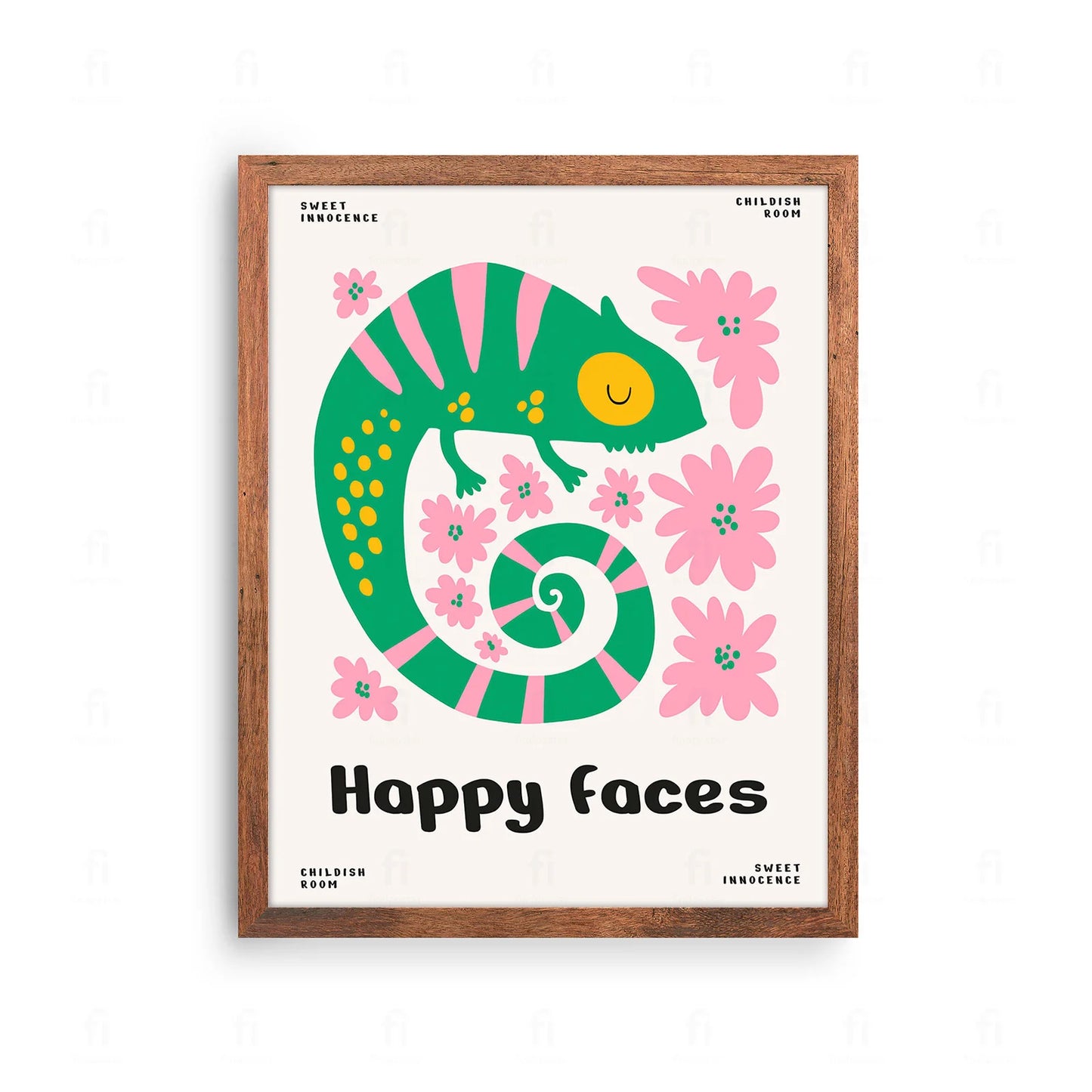Plakat z kolorową grafiką przedstawiającą uśmiechniętego kameleona i napis "Happy Faces".