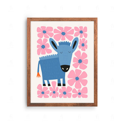 Plakat z uroczą grafiką przedstawiającą małego, niebieskiego osiołka.
