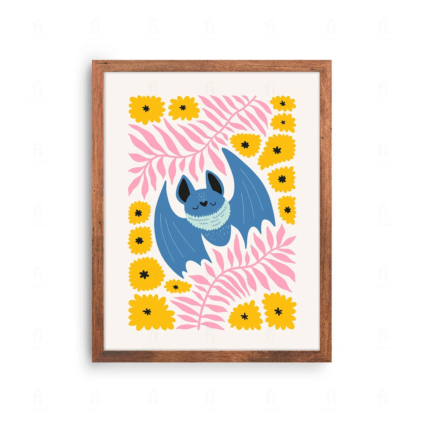 Plakat z kolorową, radosną grafiką przedstawiającą nietoperza.