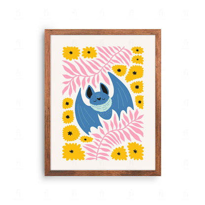 Plakat z kolorową, radosną grafiką przedstawiającą nietoperza.