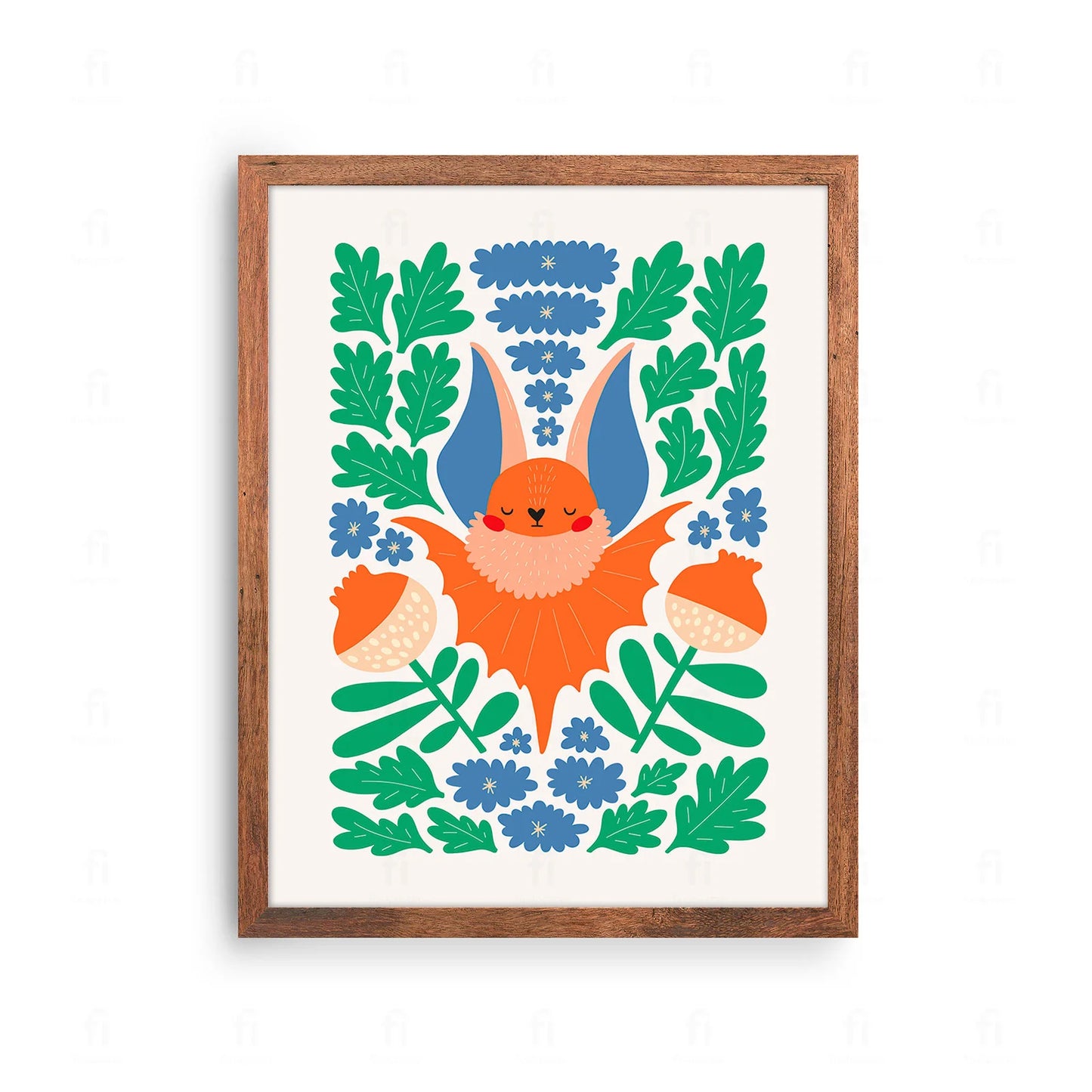  Plakat z artystyczną grafiką przedstawiającą nietoperza z rozłożonymi skrzydłami na tle kwiatów.
