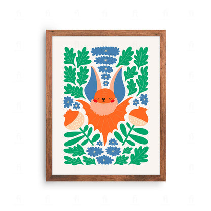  Plakat z artystyczną grafiką przedstawiającą nietoperza z rozłożonymi skrzydłami na tle kwiatów.
