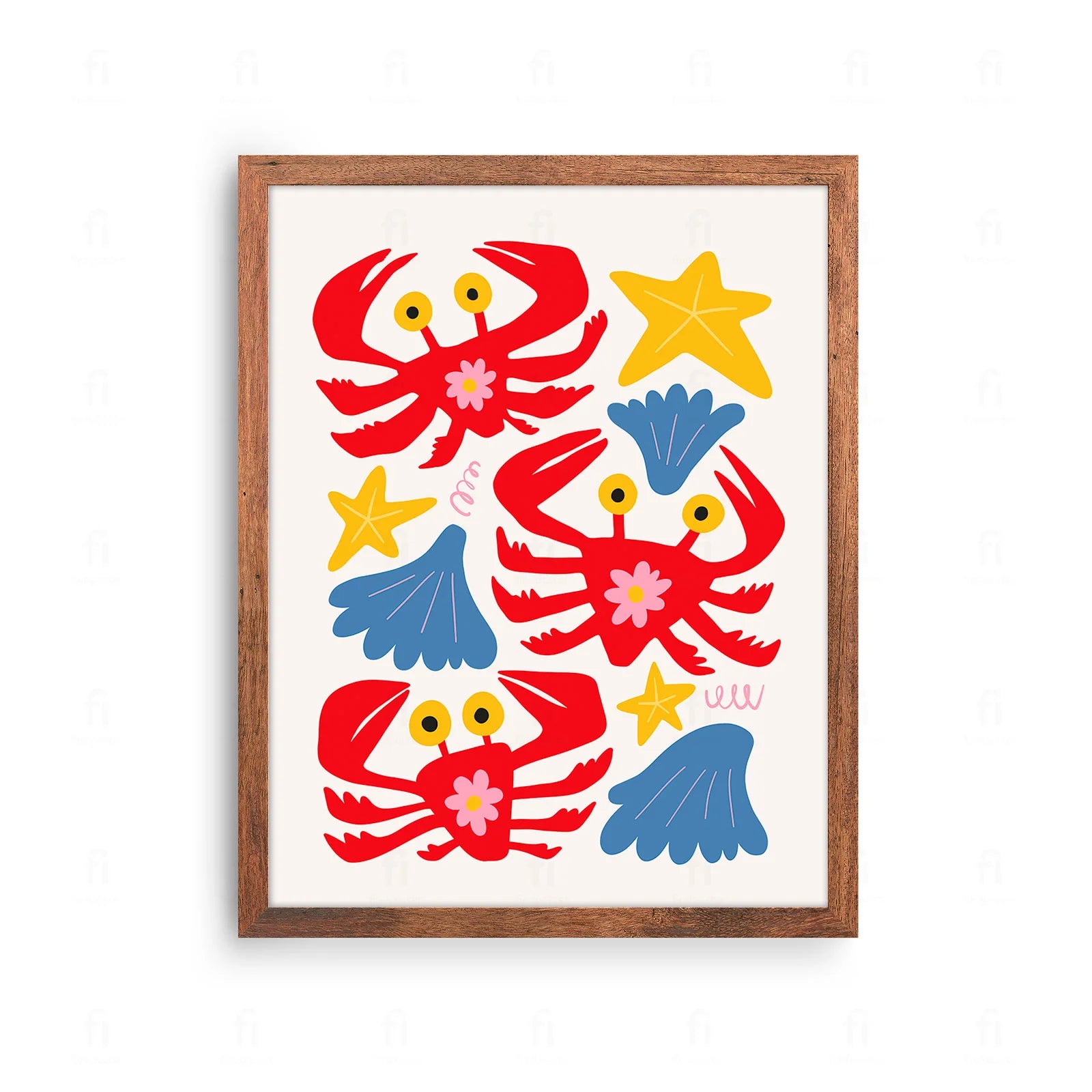 Plakat z kolorową grafiką przedstawiającą różne, wesołe kraby.
