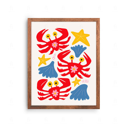 Plakat z kolorową grafiką przedstawiającą różne, wesołe kraby.
