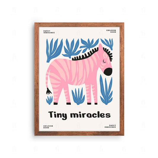 Plakat z artystyczną grafiką przedstawiającą zebrę i inspirujący napis o małych krokach.