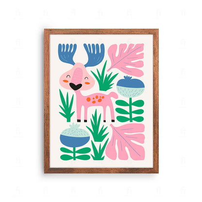 Plakat z kolorową, wesołą grafiką przedstawiającą renifera.
