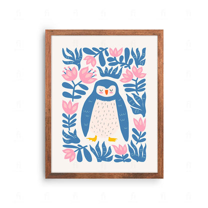 Plakat z uroczą grafiką przedstawiającą małego, słodkiego pingwina.
