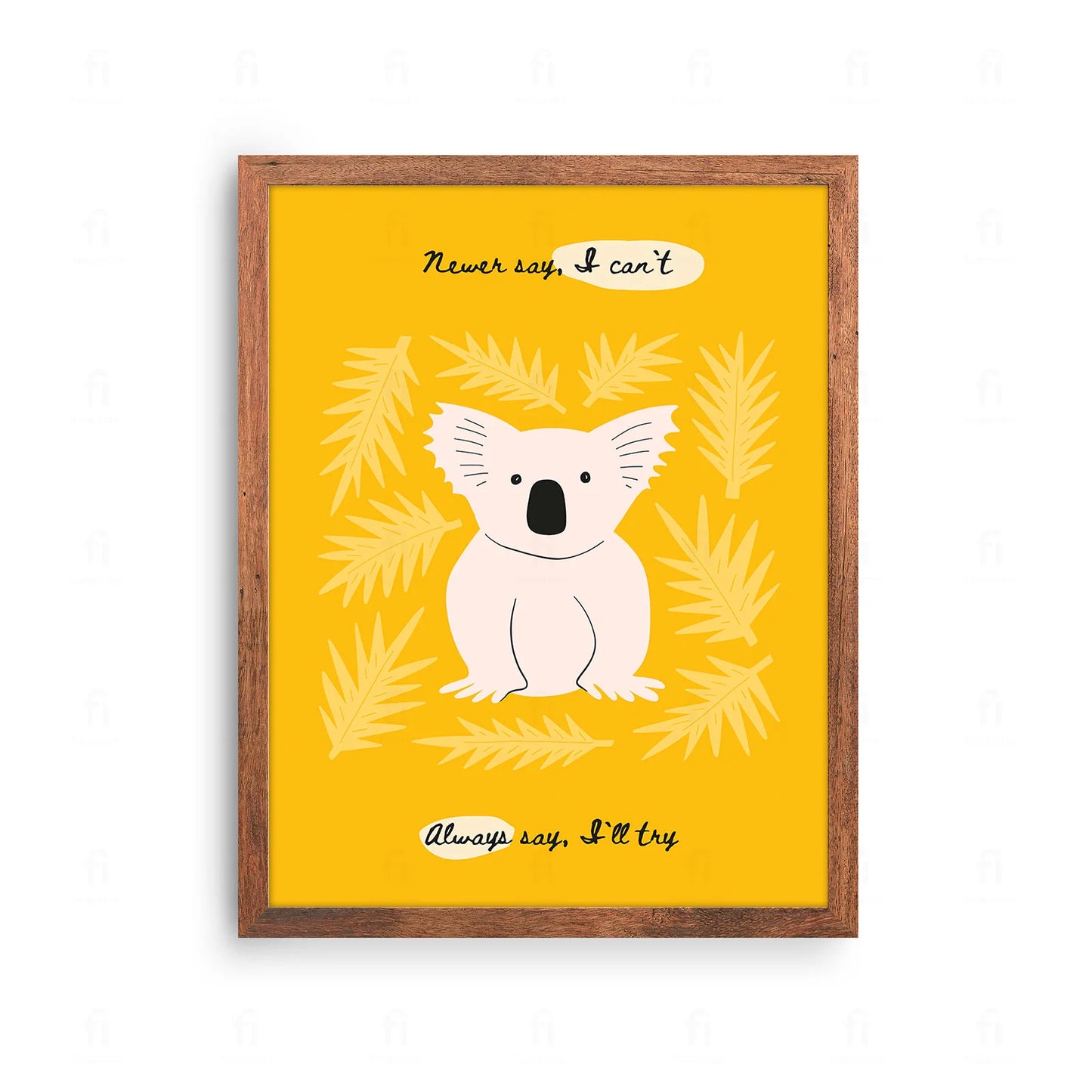 Plakat z uroczą grafiką przedstawiającą koalę na gałęzi i motywujący napis.
