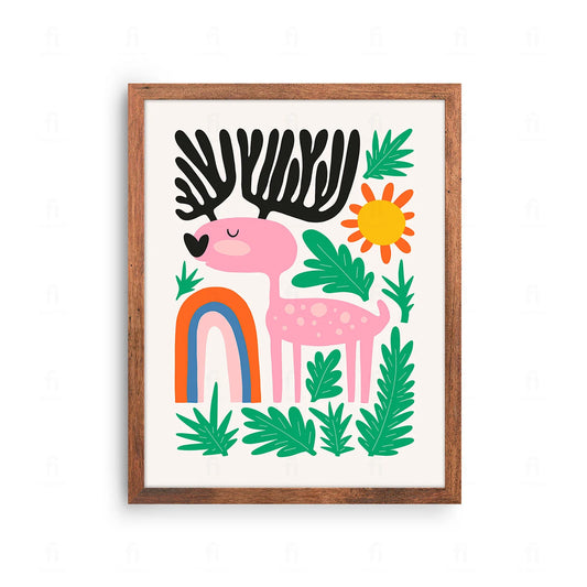 Plakat z kolorową grafiką przedstawiającą jelonka w tęczowych barwach.
