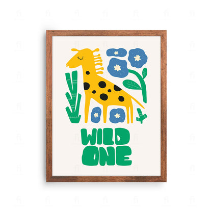 Plakat z artystyczną grafiką przedstawiającą żyrafę i napis "Dziki Duch".
