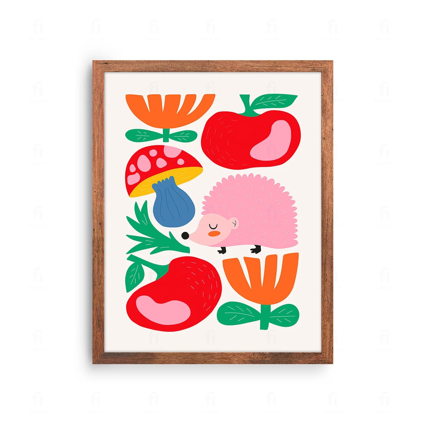 Plakat z uroczą, kolorową grafiką przedstawiającą jeża w otoczeniu roślin.
