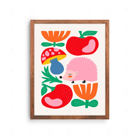 Plakat z uroczą, kolorową grafiką przedstawiającą jeża w otoczeniu roślin.
