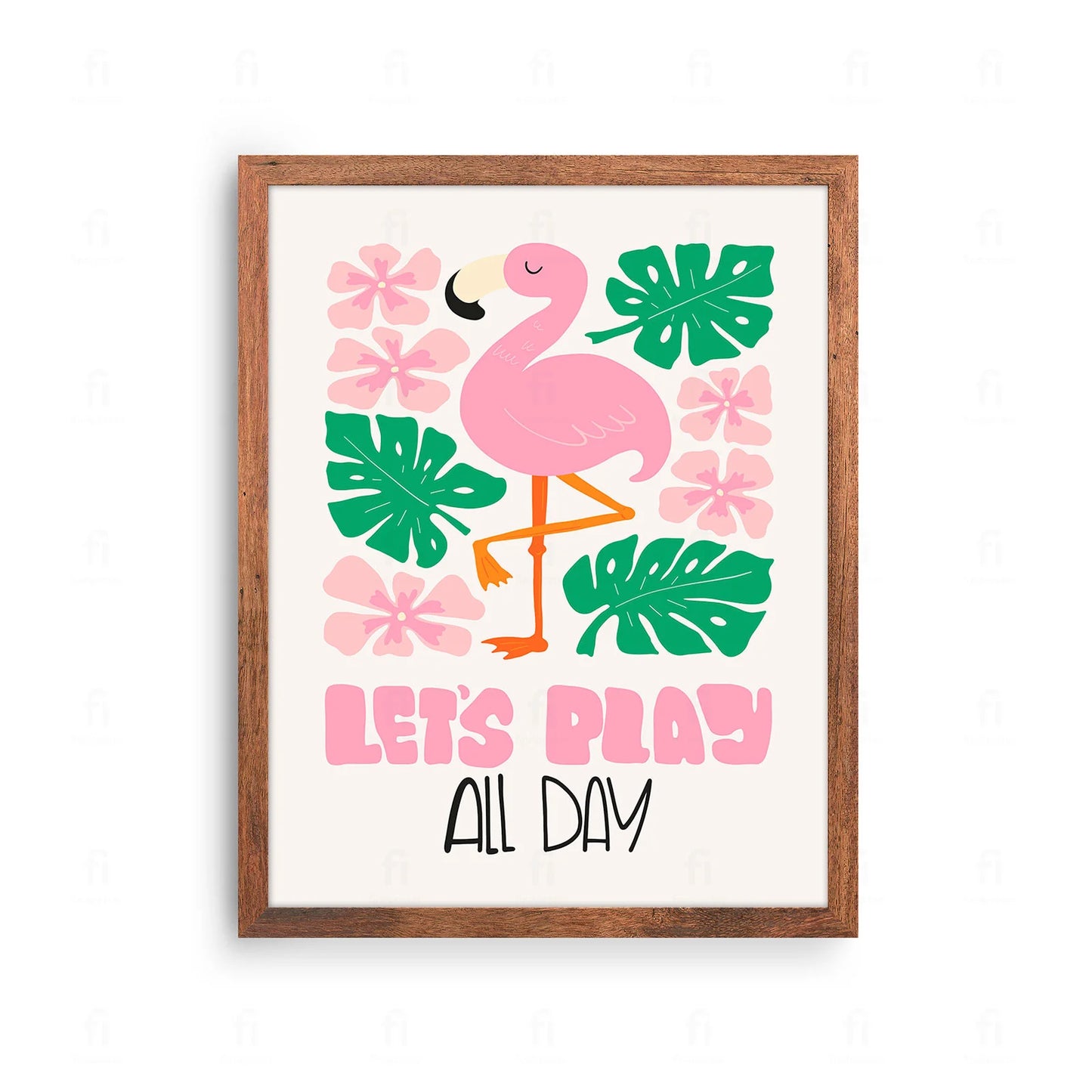 Plakat z radosną grafiką przedstawiającą różowego flaminga i napis "Bawmy się cały dzień".