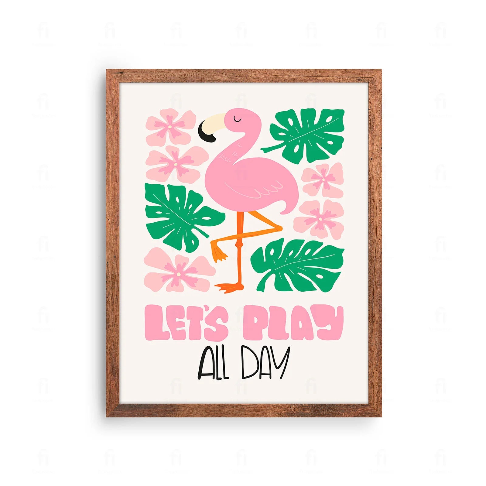 Plakat z radosną grafiką przedstawiającą różowego flaminga i napis "Bawmy się cały dzień".