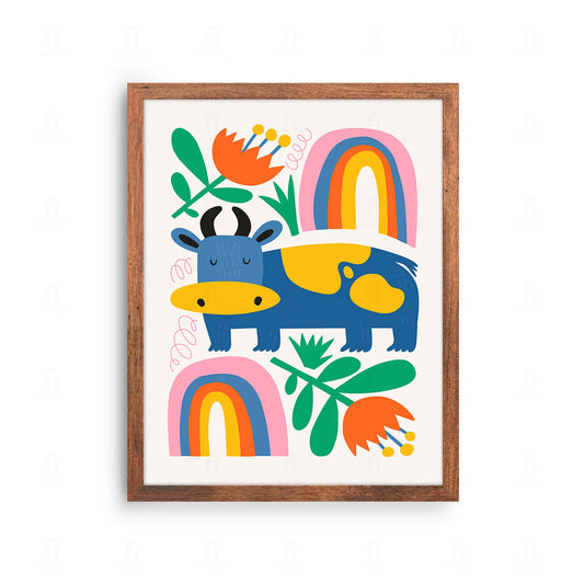 Plakat z uroczą grafiką przedstawiającą krowę na łące pod tęczą.
