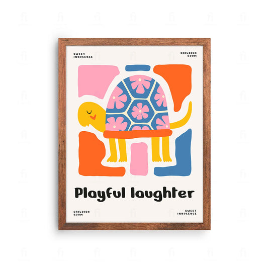 Plakat z abstrakcyjną, kolorową grafiką przedstawiającą żółwia morskiego.
