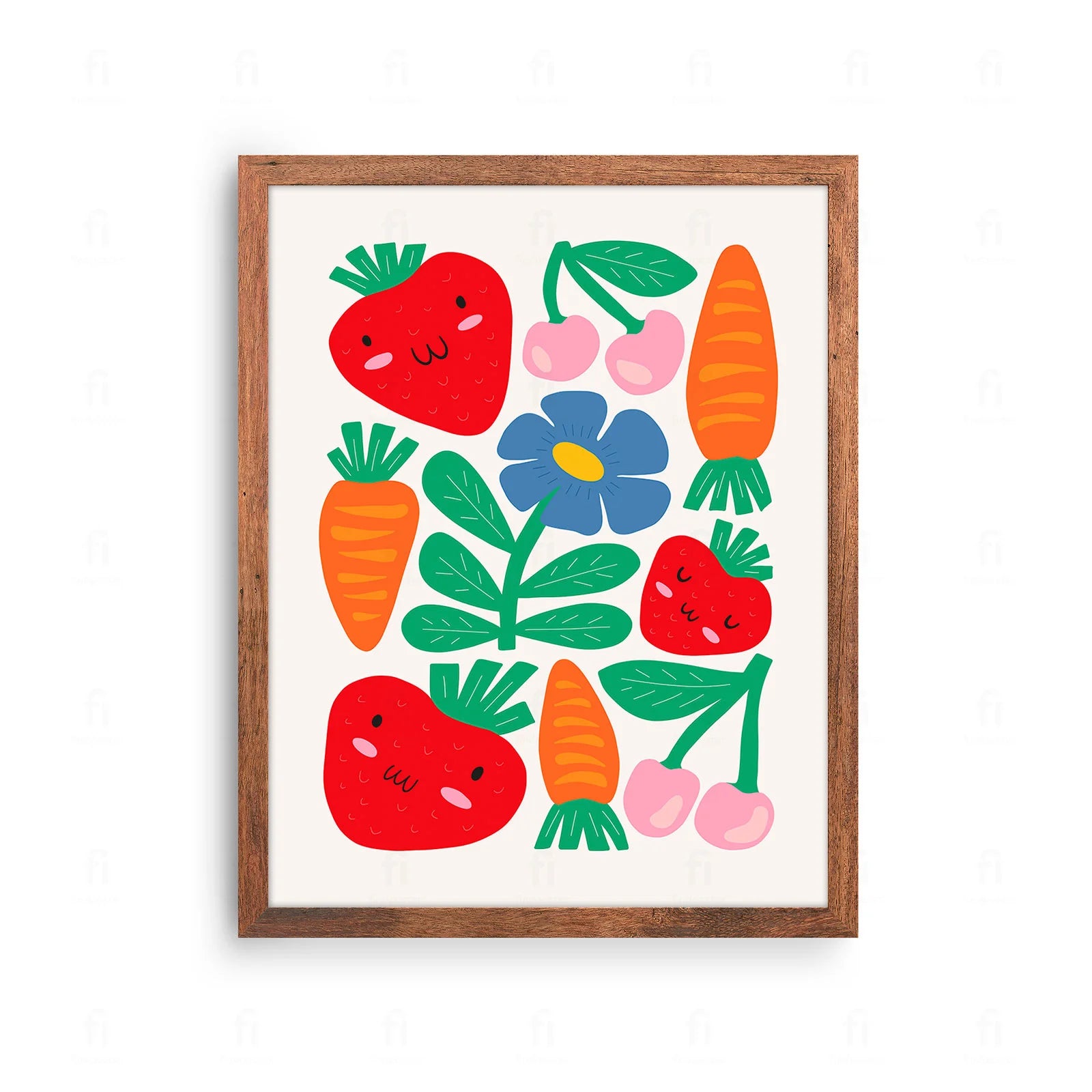  Plakat z kolorową grafiką przedstawiającą kompozycję świeżych warzyw i owoców.
