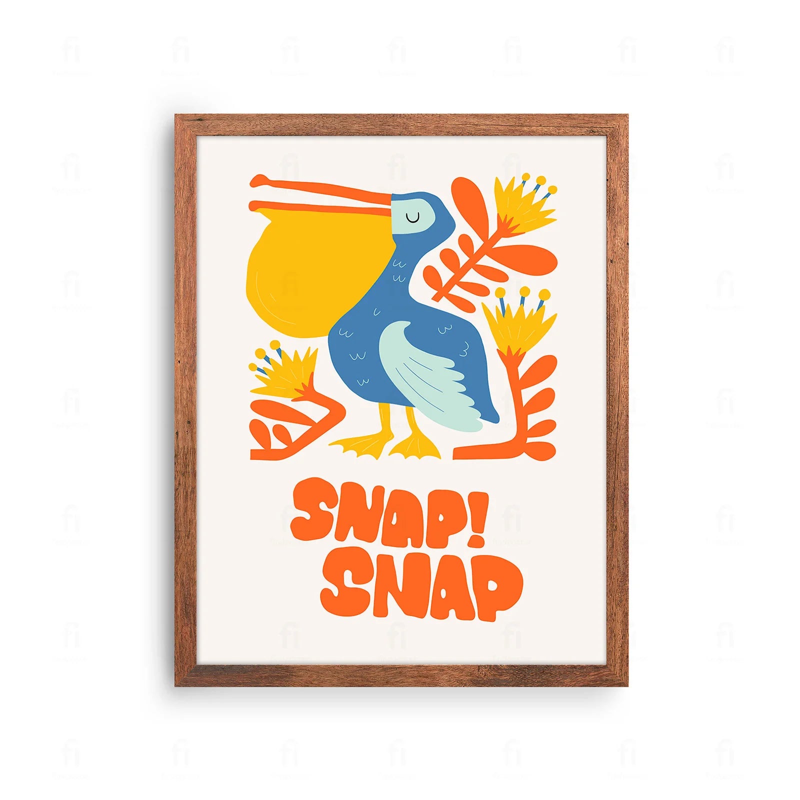 Plakat z kolorową, zabawną grafiką przedstawiającą krokodyla i napis "Snap! Snap! Snap!"