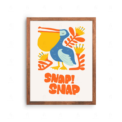 Plakat z kolorową, zabawną grafiką przedstawiającą krokodyla i napis "Snap! Snap! Snap!"