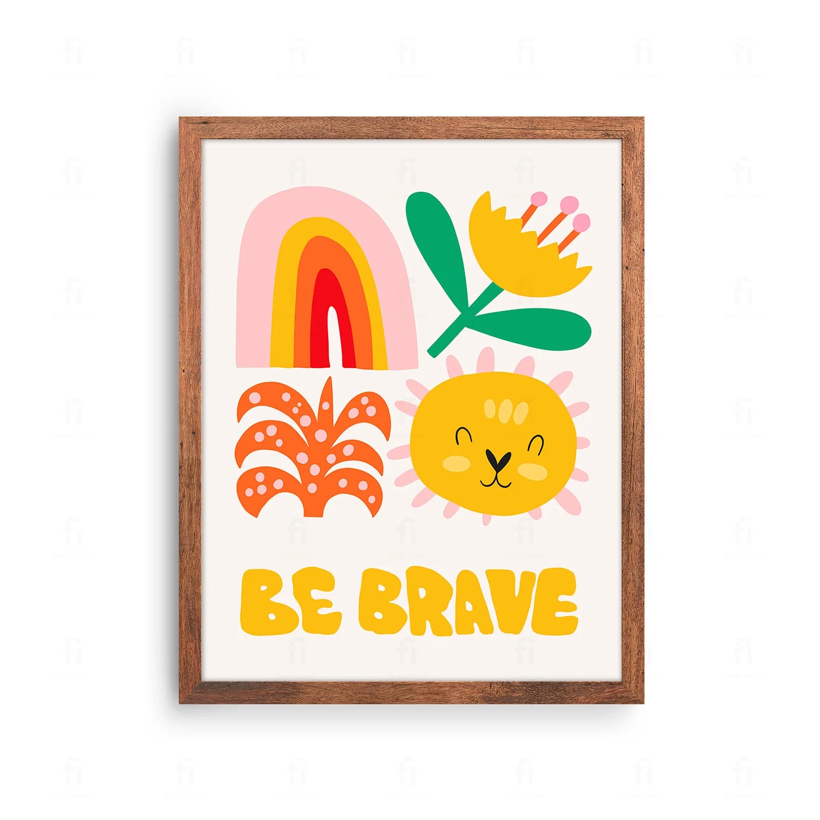 Plakat z inspirującą grafiką przedstawiającą lwa i napis "Bądź Odważny".
