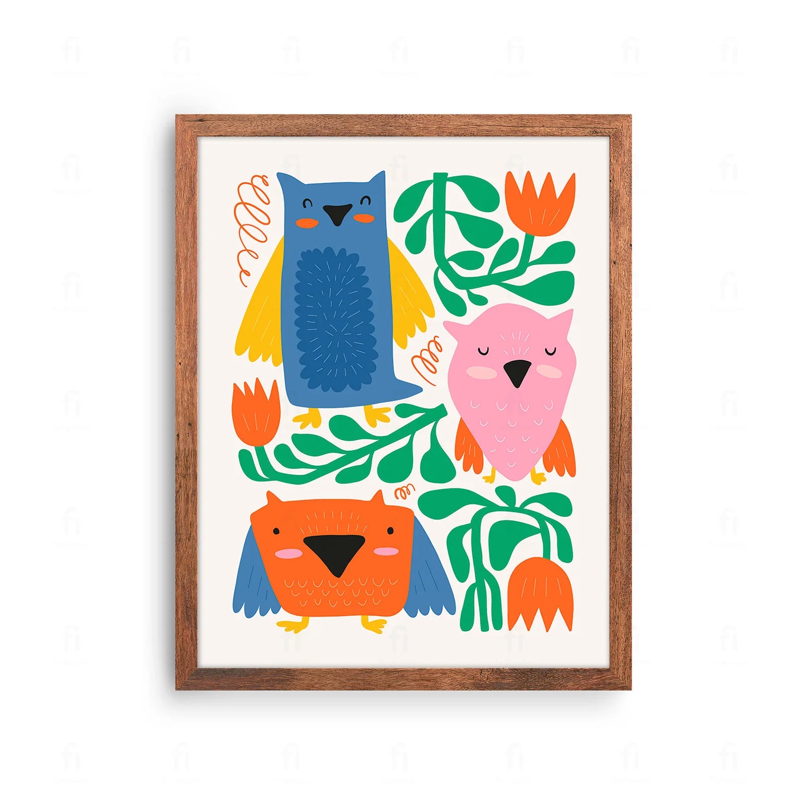 Plakat z uroczą, kolorową grafiką przedstawiającą rodzinę sów na gałęzi.
