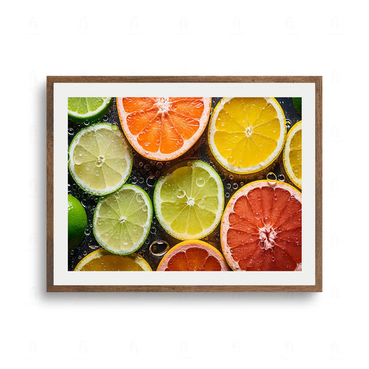 Makrofotografia plastrów owoców cytrusowych – grejpfruta, cytryny i limonki – pokrytych kroplami wody na ciemnym tle.